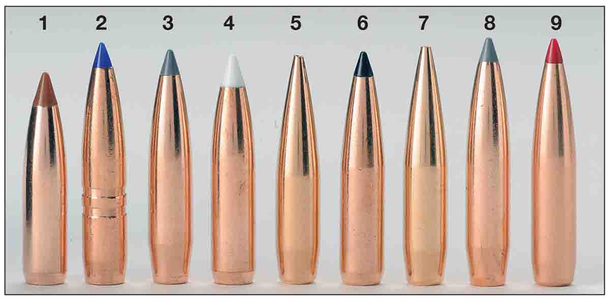 Streamlined hunting bullets used for the accompanying load data included the (1) Nosler 120-grain Ballistic Tip, (2) Barnes 127 LRX BT, (3) Nosler 129 AccuBond LR, (4) Nosler 130 AccuBond, (5) Berger 130 VLD Hunting, (6) Swift 130 Scirocco II, (7) Berger 140 VLD Hunting, (8) Nosler 142 AccuBond LR and (9) Hornady 143-grain ELD-X.